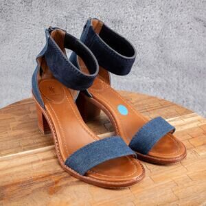 Frye Brielle Denim Back Zip Ankle Strap Leather Block Heel Sandal Shoe Size 6.5M